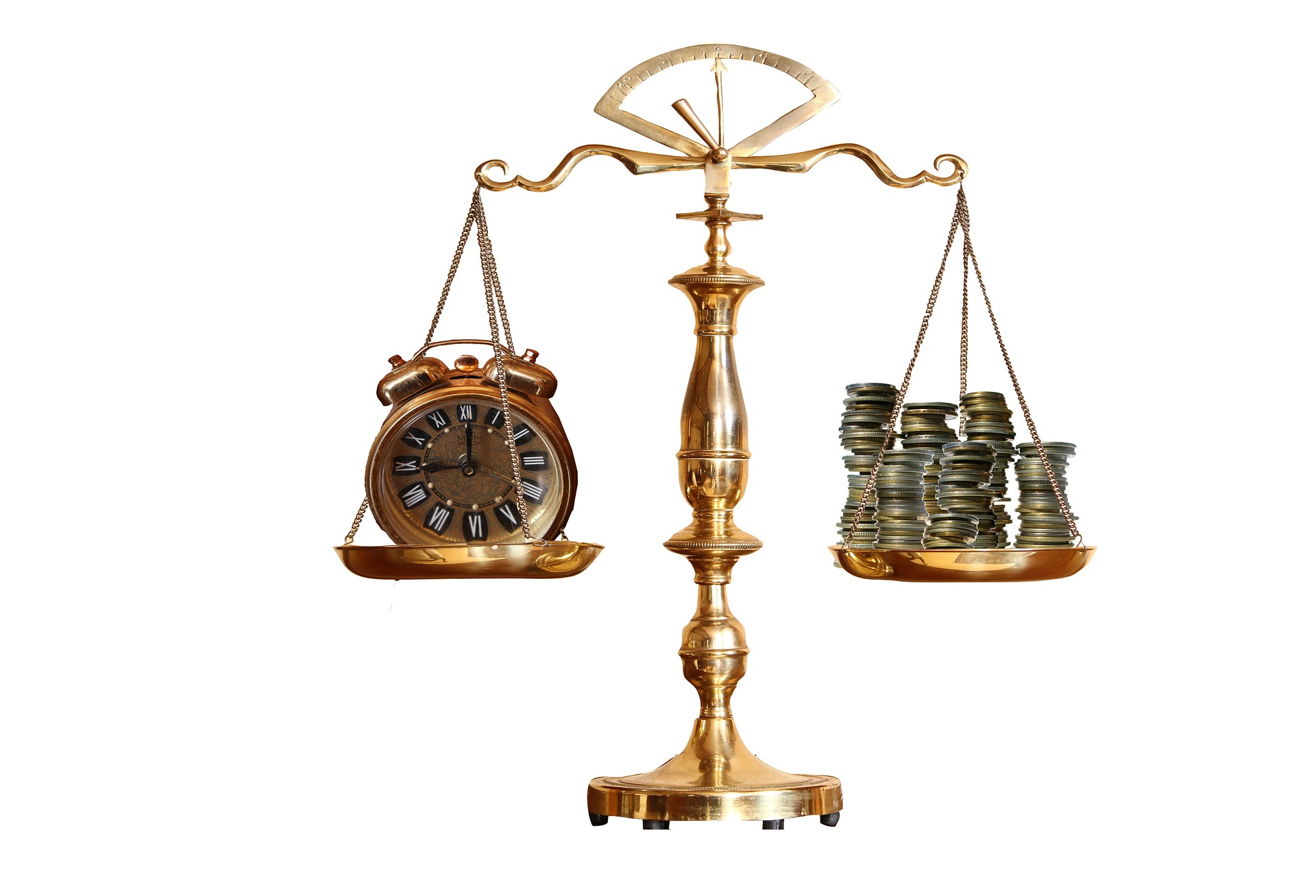 A golden balance scale with an antique clock on one side and stacked coins on the other, symbolizing the delicate act of protecting the balance between time and money.