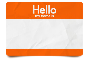 An orange and white name tag with "Hello my name is" at the top and a blank space below, perfect for anyone needing to change their name after divorce. The tag appears wrinkled.