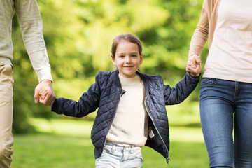 A young girl smiles while holding hands with two adults, one on each side, as they walk outdoors in a green park—capturing a moment that reflects the best interest of the child, a key focus in Tennessee courts.
